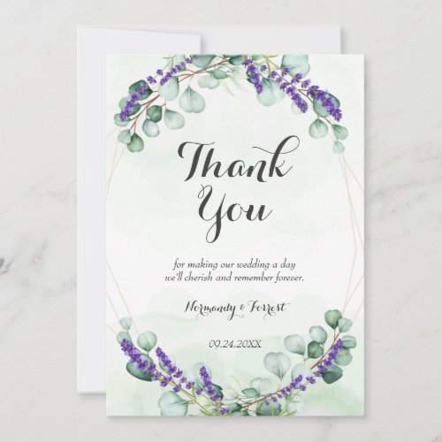 Rustic Lavender Eucalyptus Gold Frame Wedding Thank You Card