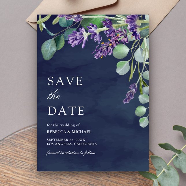 Rustic Lavender Eucalyptus Navy Blue Wedding Save The Date (Creator Uploaded)