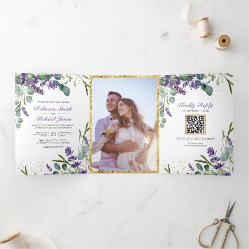 Rustic Lavender Eucalyptus Photo QR Code Wedding Tri_Fold Invitation
