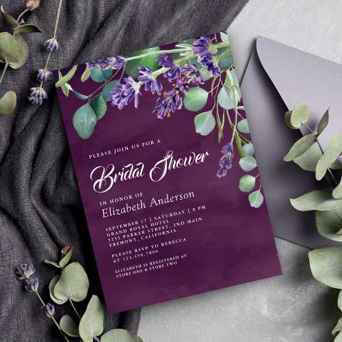 Rustic Lavender Eucalyptus Purple Bridal Shower Invitation