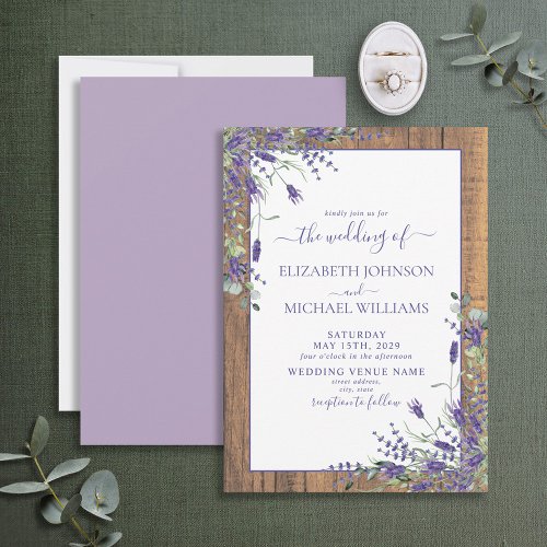 Rustic Lavender Eucalyptus Wood Script Wedding Inv Invitation