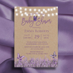 Rustic Lavender Floral Butterfly Kraft Baby Shower Invitation