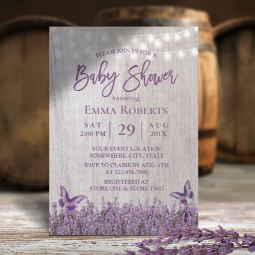 Rustic Lavender Floral Butterfly Wood Baby Shower Invitation