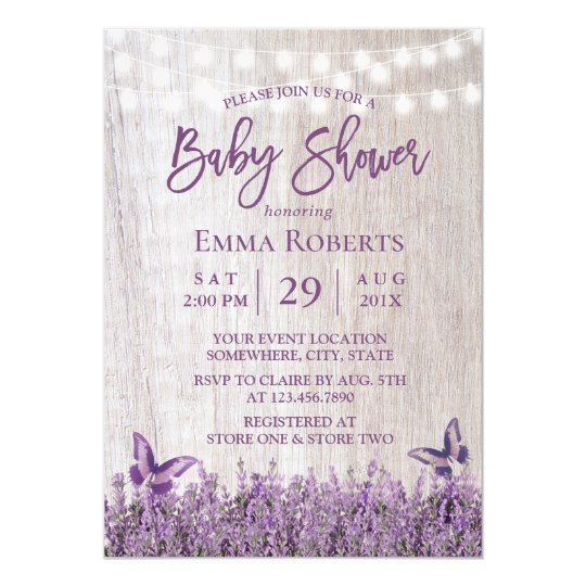 Rustic Lavender Floral Butterfly Wood Baby Shower Invitation