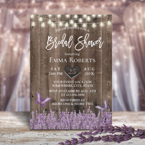 Rustic Lavender Floral Dark Wood Bridal Shower Invitation