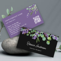Rustic Lavender Floral Eucalyptus Black QR Code Business Card