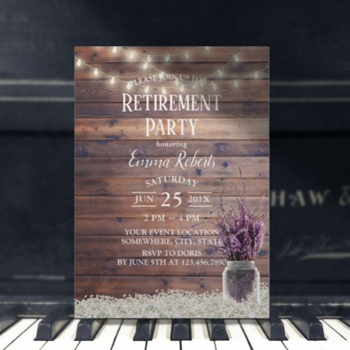 Rustic Lavender Floral Mason Jar Retirement Party Invitation