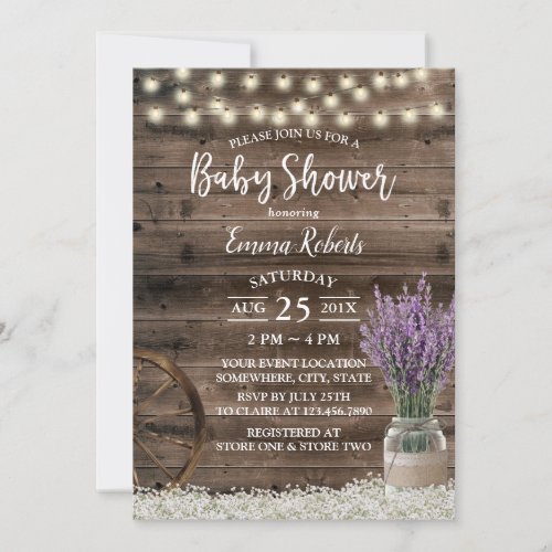 Rustic Lavender Floral String Lights Baby Shower Invitation