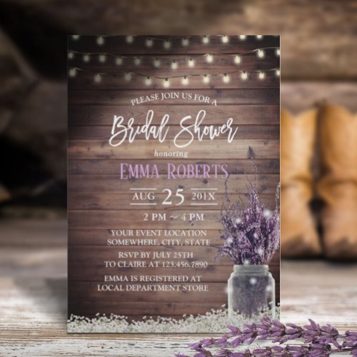 Rustic Lavender Floral String Lights Bridal Shower Invitation