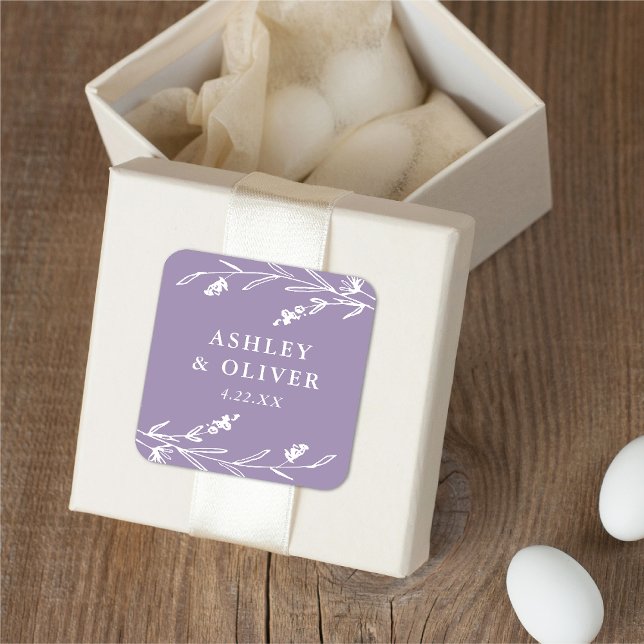 Rustic Lavender Floral Wildflower Wedding Favor Square Sticker (Creator Uploaded)