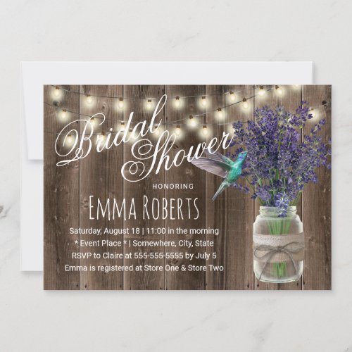 Rustic Lavender Flower  Hummingbird Bridal Shower Invitation