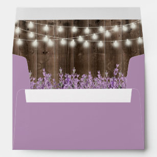 Rustic Lavender Flowers String Lights Wood Wedding Envelope
