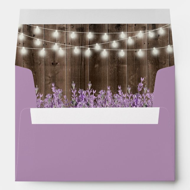 Rustic Lavender Flowers String Lights Wood Wedding Envelope (Back (Bottom))