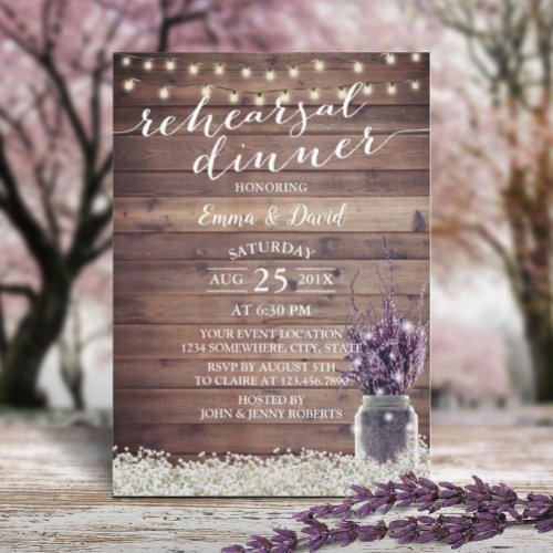 Rustic Lavender Jar Babys Breath Rehearsal Dinner Invitation