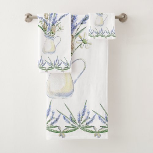 Rustic Lavender Jug Floral Watercolor Bath Towel Set