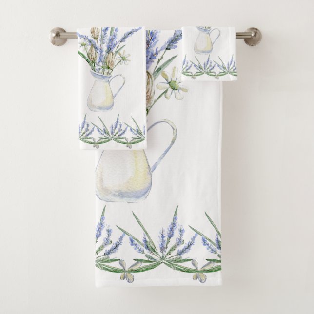 Rustic Lavender Jug Floral Watercolor Bath Towel Set (Insitu)