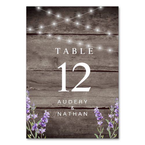 Rustic Lavender Lights Wedding Table Number