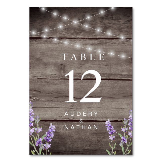Rustic Lavender Lights Wedding  Table Number (Front)