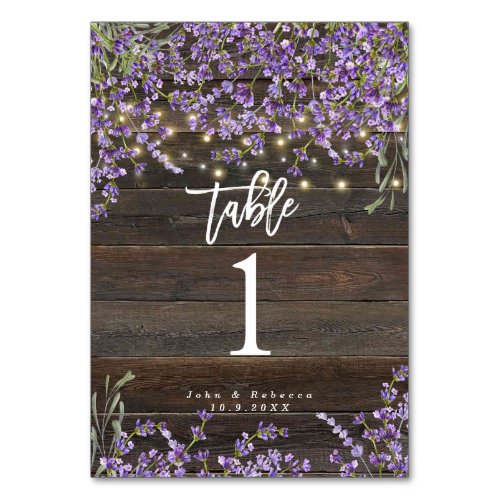 rustic lavender lights wedding table number card