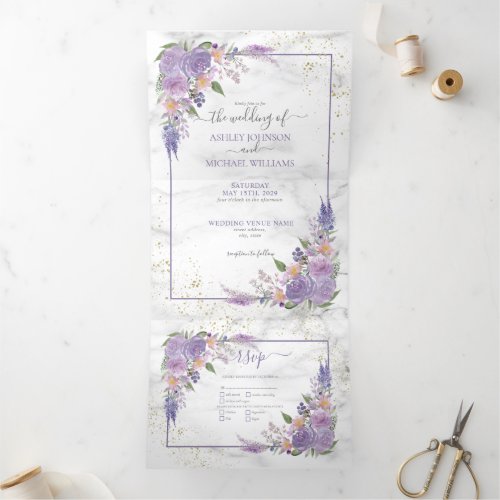 Rustic Lavender Lilac Gold Floral Photo Wedding Tri_Fold Invitation