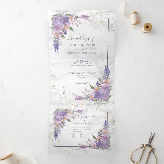 Rustic Lavender Lilac Gold Floral Photo Wedding Tri-Fold Invitation (Inside)