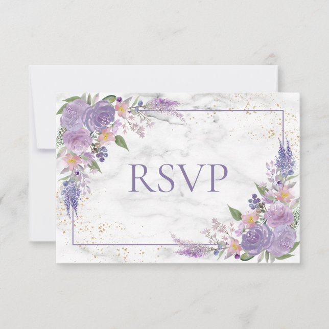 Rustic Lavender Lilac Gold Floral Wedding RSVP Card (Front)