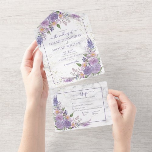 Rustic Lavender Lilac Marble Gold Floral Wedding All In One Invitation