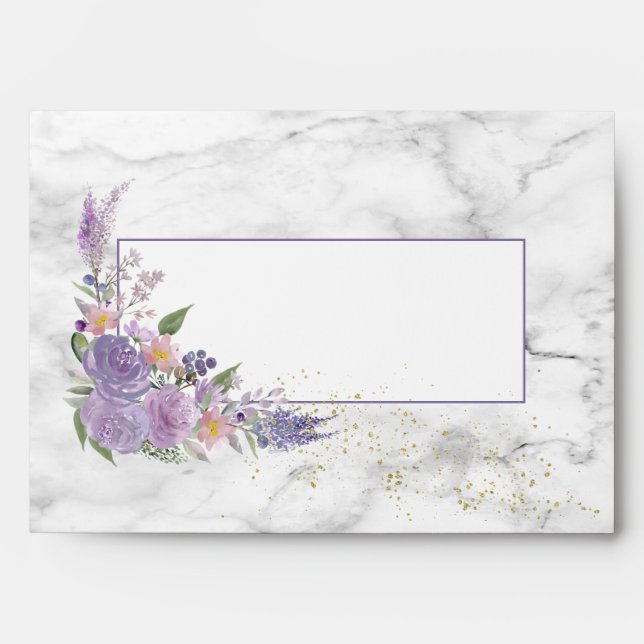 Rustic Lavender Lilac Marble Gold Floral Wedding Envelope (Front)
