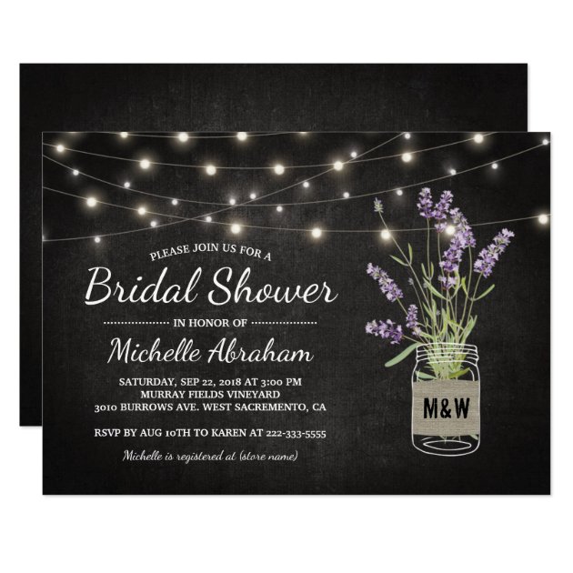 Rustic Lavender Mason Jar Lights Bridal Shower Invitation
