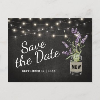 Rustic Lavender Mason Jar Lights Save The Date Announcement Postcard by special_stationery at Zazzle