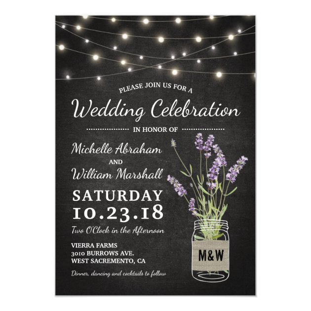 Rustic Lavender Mason Jar Lights Wedding Invitation