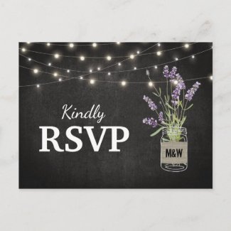 Rustic Lavender Mason Jar Lights Wedding RSVP Invitation Postcard