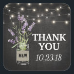 Rustic Lavender Mason Jar Lights Wedding Square Sticker<br><div class="desc">Country chic wedding stickers featuring a rustic black chalkboard background,  string lights,  a mason jar with purple lavender flowers,  wrapped in burlap with the couples initials and a wedding template that is easily personalized.</div>