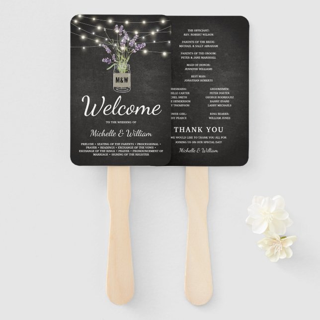 Rustic Lavender Mason Jar Wedding Program Hand Fan (Front and Back)