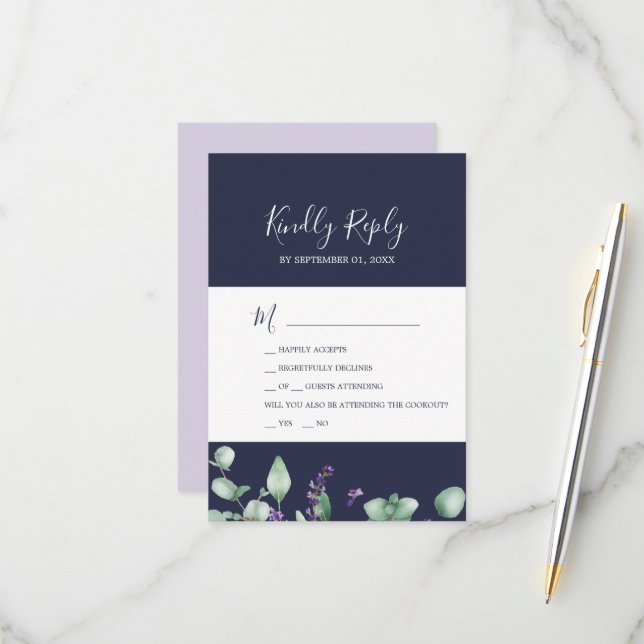Rustic Lavender | Navy Blue 2 Event RSVP Card (Front/Back In Situ)