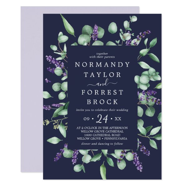 256383303541192326 Rustic Lavender | Navy Blue Floral Frame Wedding Invitation