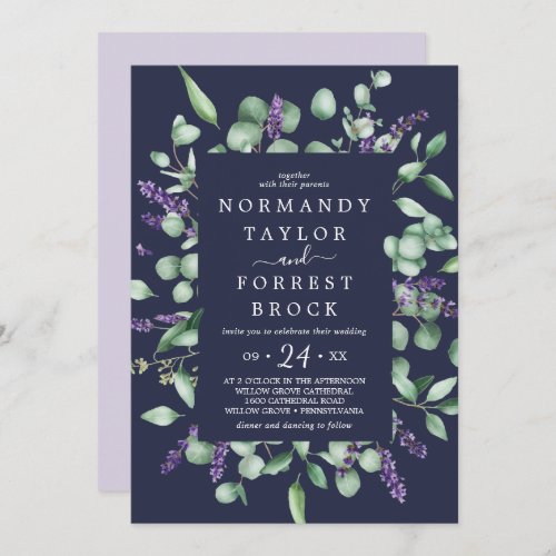 Rustic Lavender  Navy Blue Floral Frame Wedding Invitation