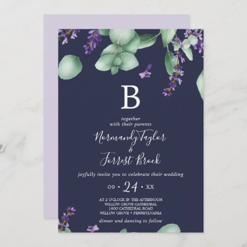 Rustic Lavender  Navy Blue Monogram Wedding Invitation