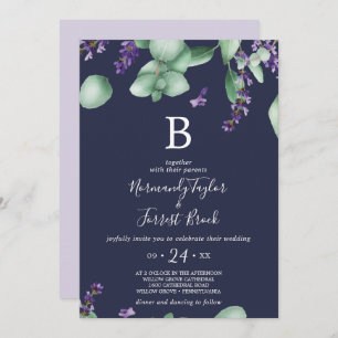 Rustic Lavender   Navy Blue Monogram Wedding Invitation