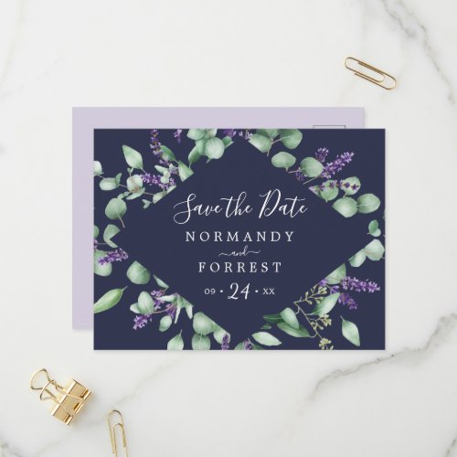Rustic Lavender  Navy Blue Save the Date Postcard