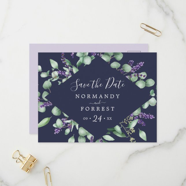 Rustic Lavender | Navy Blue Save the Date Postcard (Front/Back In Situ)