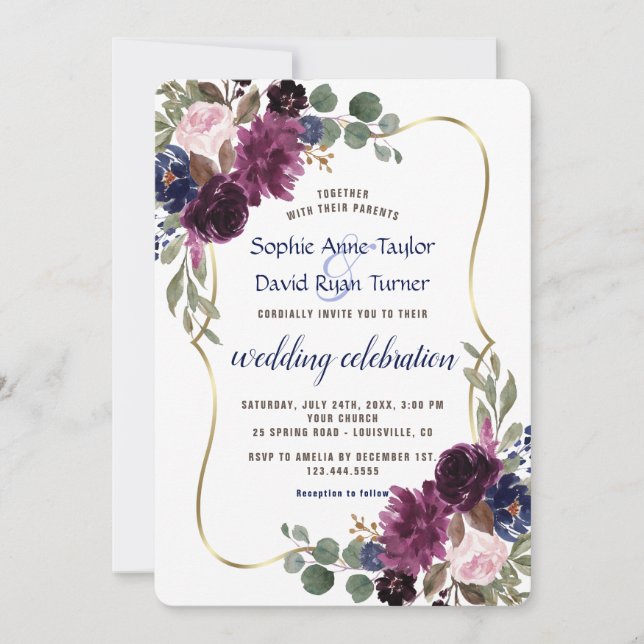 Rustic Lavender Navy Gold Floral Bloom Wedding Invitation (Front)