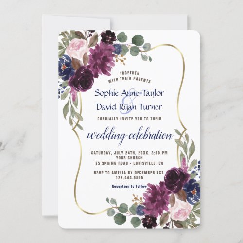 Rustic Lavender Navy Gold Floral Bloom Wedding Invitation