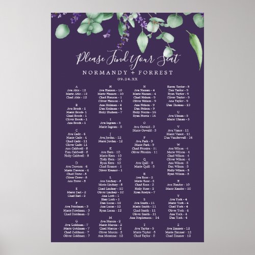 Rustic Lavender Purple Alphabetical Seating Chart