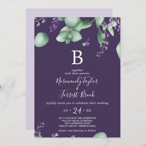 Rustic Lavender  Purple Monogram Wedding Invitation