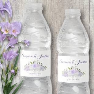 Rustic Lavender Purple Roses & Blossoms Wedding Water Bottle Label