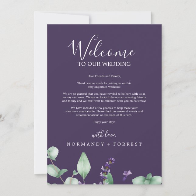 Rustic Lavender Purple Welcome Letter & Itinerary (Front)
