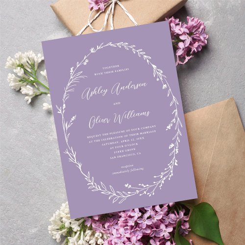 Rustic Lavender Purple Wildflower Wreath Wedding Invitation