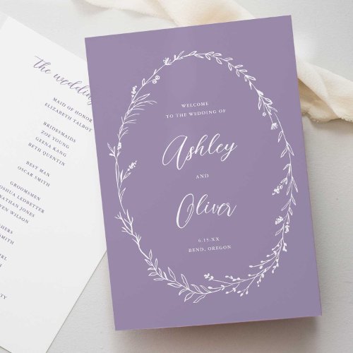 Rustic Lavender Purple Wildflower Wreath Wedding Program