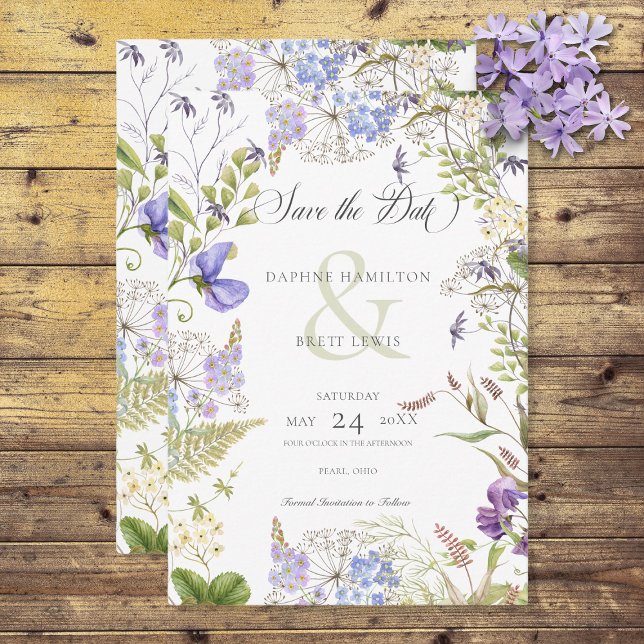 Rustic Lavender & Sage Wildflowers White Save The Date (Creator Uploaded)